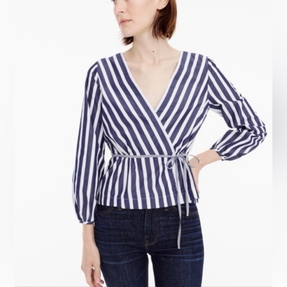 J Crew Stripe cotton poplin top with tie waist size 14 - Picture 1 of 9